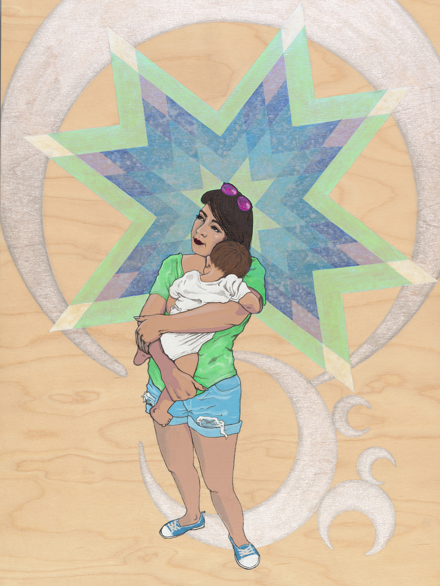 A painting on a wooden panel of a woman holding a child.